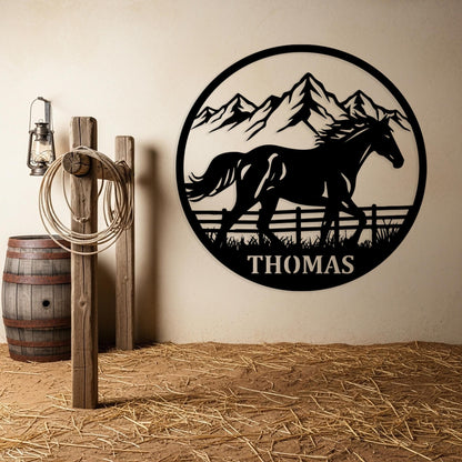 Custom Horse Family Metal Sign, Personalized Farm Sign, Running Horse Round Wall Decor, Family Ranch Sign, Unique Gift for Horse Lovers