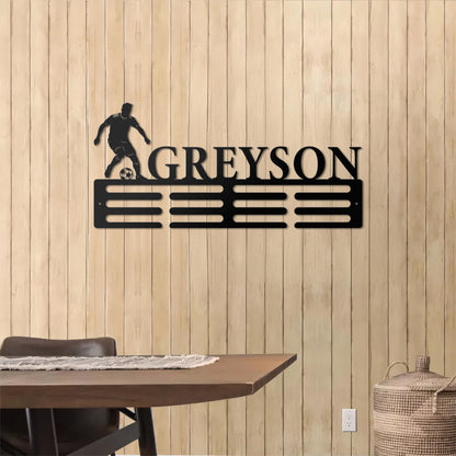 Personalized Soccer Medal Holder - Custom Metal Wall Rack with Player Silhouette, Sports Room Decor, Gift for Athletes & Soccer Fans