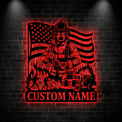 Personalized Firefighter Metal Sign LED light, Fireman Metal Sign, FireFighter Home Decor, Firefighter Wall Art, Fire Department Decor
