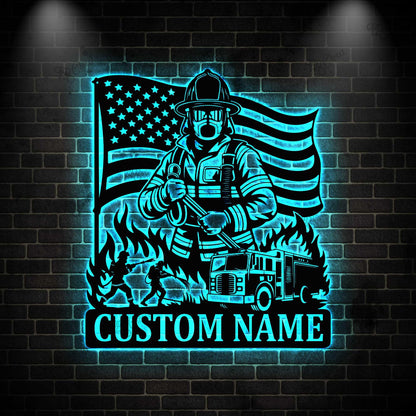 Personalized Firefighter Metal Sign LED light, Fireman Metal Sign, FireFighter Home Decor, Firefighter Wall Art, Fire Department Decor