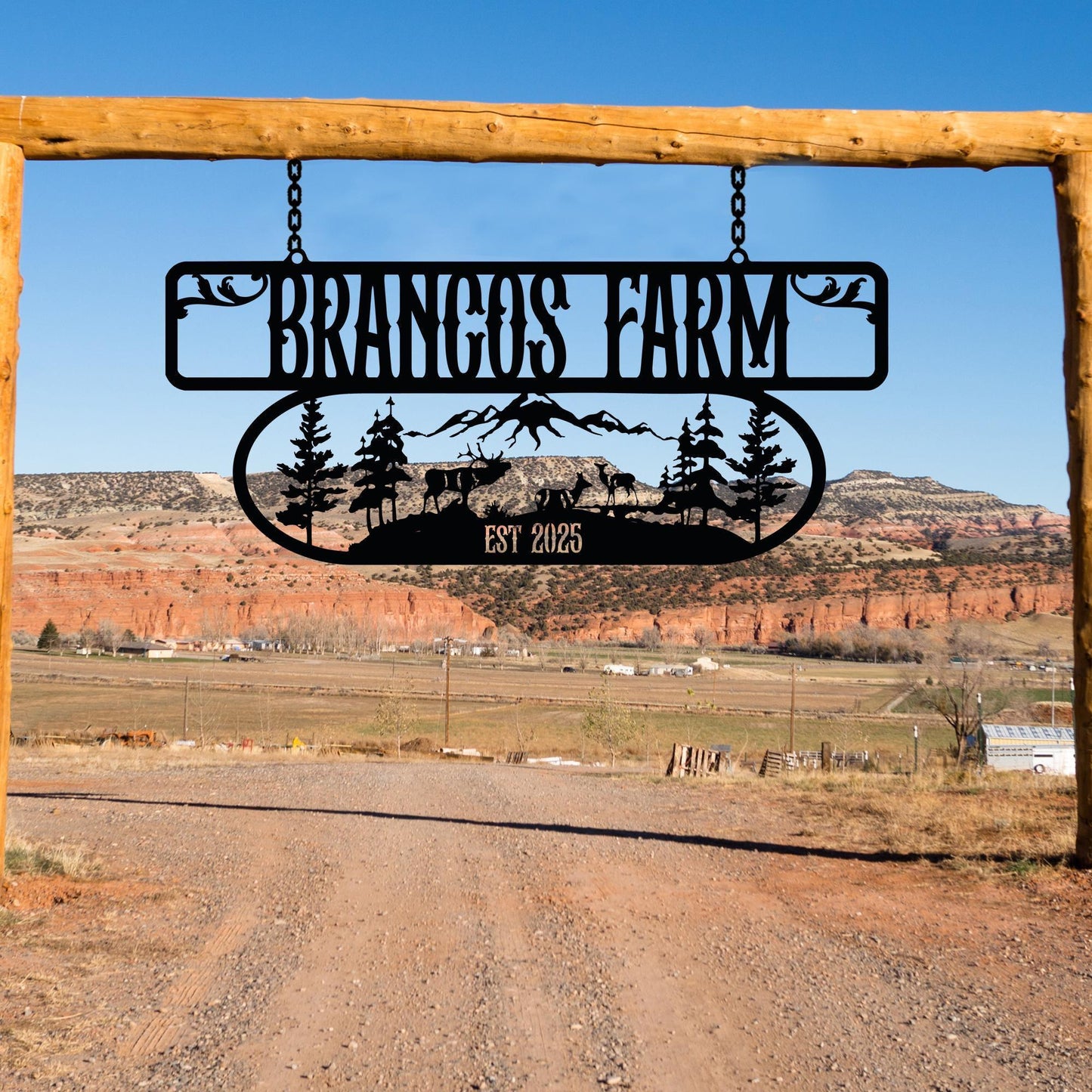 Custom Metal Farm Sign, Farmhouse Gate Sign, Customized Farmer Gift, Personalized Outdoor Ranch Decor With Deer Scene,Country Home Gate Sign