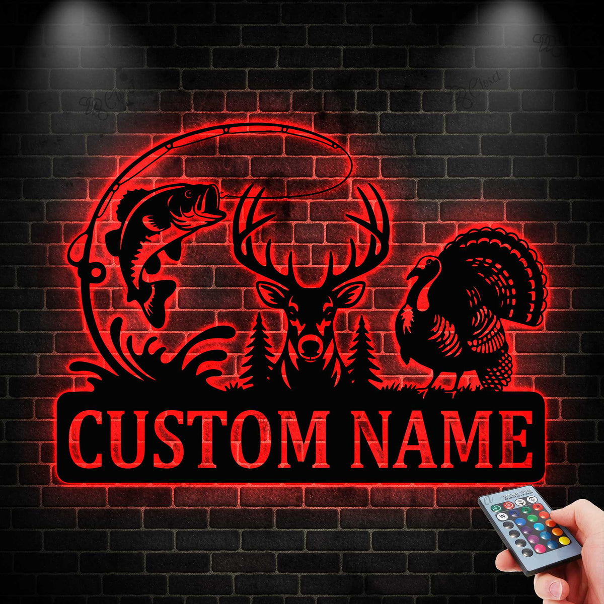 Personalized Hunter Name Sign with LED light, Deer Turkey And Bass Fishing Sign, Deer Hunting Fishing Metal Wall Art, Gift for Dad