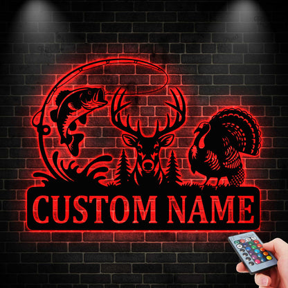 Personalized Hunter Name Sign with LED light, Deer Turkey And Bass Fishing Sign, Deer Hunting Fishing Metal Wall Art, Gift for Dad