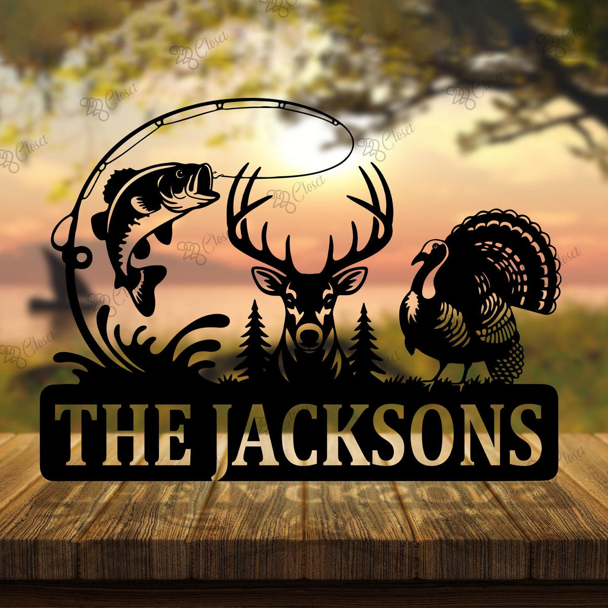 Personalized Hunter Name Sign with LED light, Deer Turkey And Bass Fishing Sign, Deer Hunting Fishing Metal Wall Art, Gift for Dad