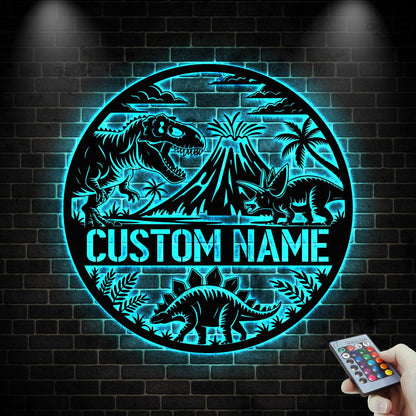 Custom Dinosaur Metal Wall Art LED Light, Personalized Dino Name Sign,Dinosaur Decor,Dinosaur Room Decor for Boys, Christmas Birthday Gift