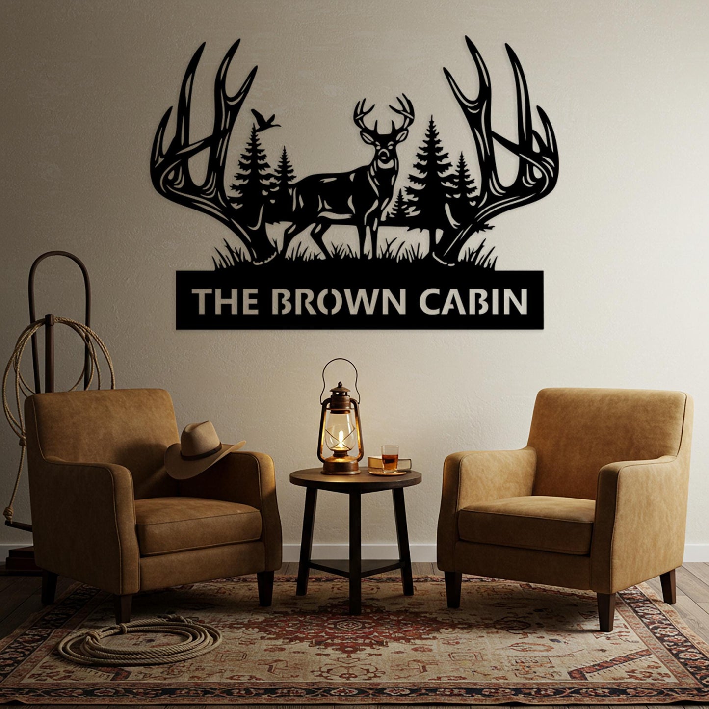 Deer Cabin Metal Sign, Custom Lodge Sign, Rustic Antler Wall Decor, Cabin Outdoor Decor, Above Fireplace Decor, Hunting Shed Gift for Him