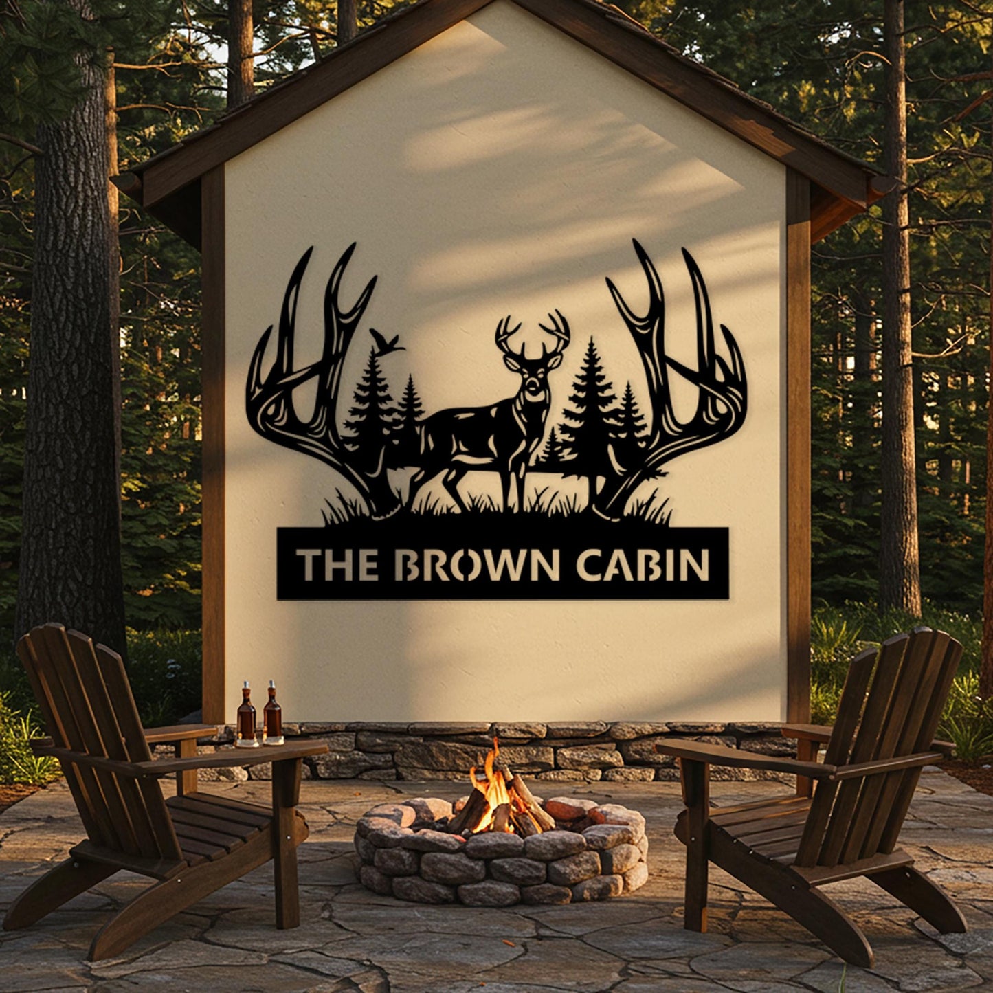 Deer Cabin Metal Sign, Custom Lodge Sign, Rustic Antler Wall Decor, Cabin Outdoor Decor, Above Fireplace Decor, Hunting Shed Gift for Him