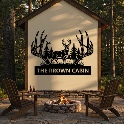 Deer Cabin Metal Sign, Custom Lodge Sign, Rustic Antler Wall Decor, Cabin Outdoor Decor, Above Fireplace Decor, Hunting Shed Gift for Him