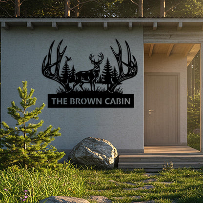 Deer Cabin Metal Sign, Custom Lodge Sign, Rustic Antler Wall Decor, Cabin Outdoor Decor, Above Fireplace Decor, Hunting Shed Gift for Him