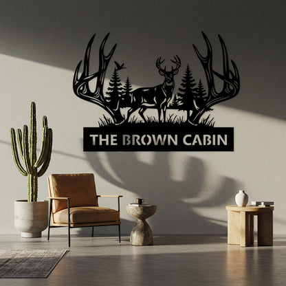 Deer Cabin Metal Sign, Custom Lodge Sign, Rustic Antler Wall Decor, Cabin Outdoor Decor, Above Fireplace Decor, Hunting Shed Gift for Him