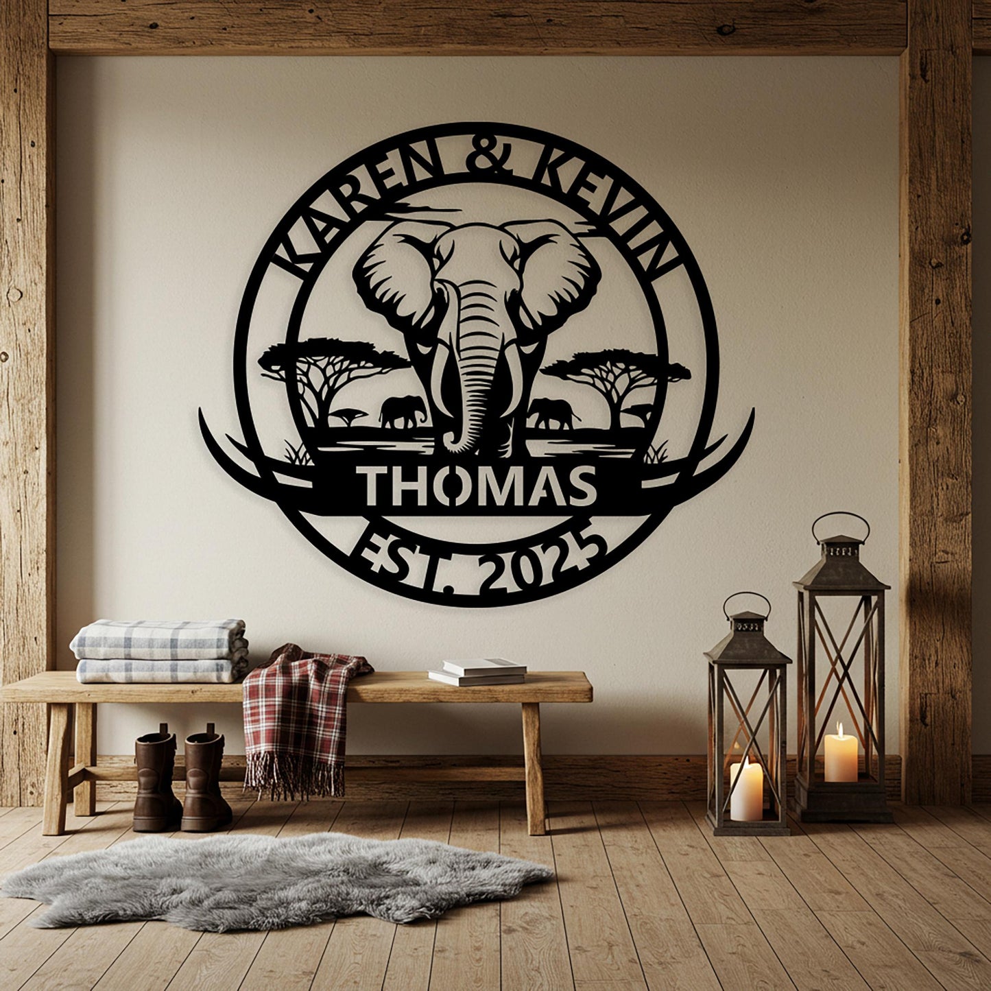 Custom Elephant Family Sign, Personalized Safari Cabin Wall Decor, Outdoor Family Name Sign, Oversized Wall Art, Rustic Home Decor