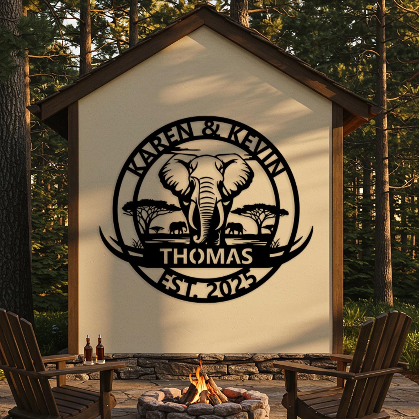 Custom Elephant Family Sign, Personalized Safari Cabin Wall Decor, Outdoor Family Name Sign, Oversized Wall Art, Rustic Home Decor