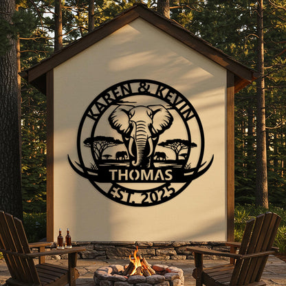 Custom Elephant Family Sign, Personalized Safari Cabin Wall Decor, Outdoor Family Name Sign, Oversized Wall Art, Rustic Home Decor