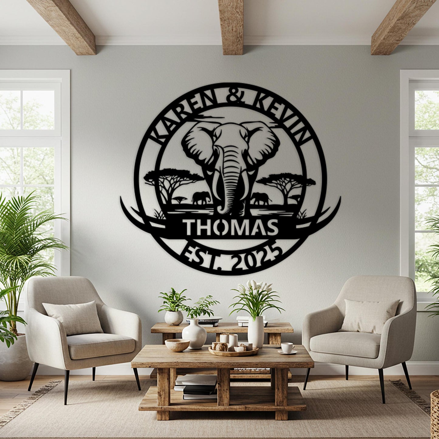 Custom Elephant Family Sign, Personalized Safari Cabin Wall Decor, Outdoor Family Name Sign, Oversized Wall Art, Rustic Home Decor