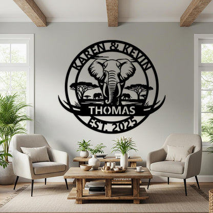 Custom Elephant Family Sign, Personalized Safari Cabin Wall Decor, Outdoor Family Name Sign, Oversized Wall Art, Rustic Home Decor