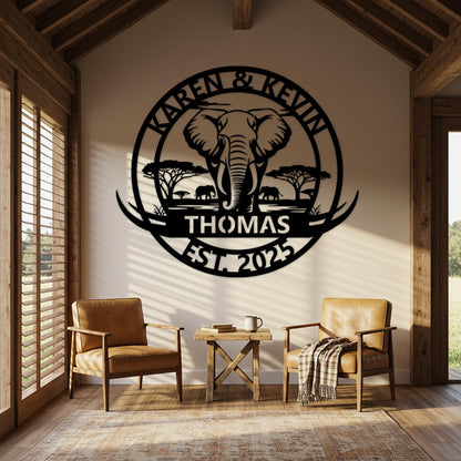 Custom Elephant Family Sign, Personalized Safari Cabin Wall Decor, Outdoor Family Name Sign, Oversized Wall Art, Rustic Home Decor
