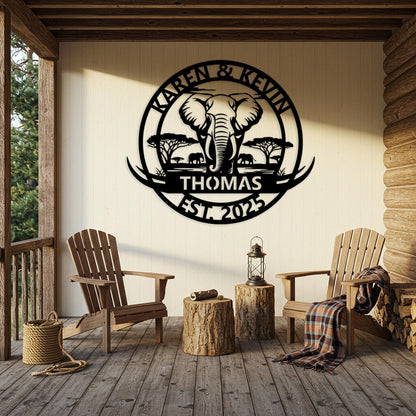 Custom Elephant Family Sign, Personalized Safari Cabin Wall Decor, Outdoor Family Name Sign, Oversized Wall Art, Rustic Home Decor