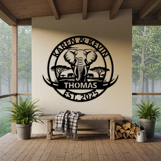 Custom Elephant Family Sign, Personalized Safari Cabin Wall Decor, Outdoor Family Name Sign, Oversized Wall Art, Rustic Home Decor