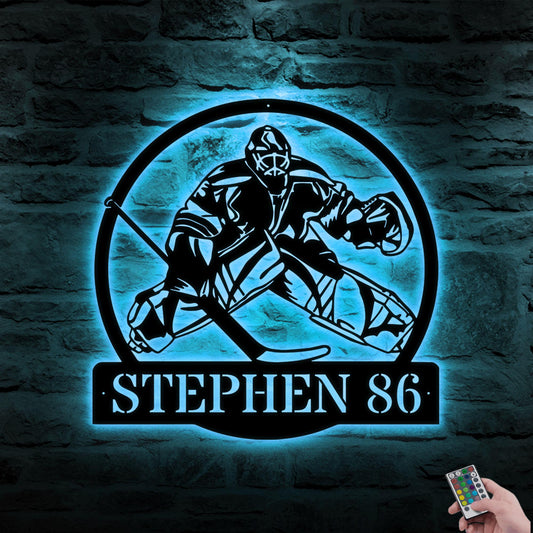 Custom Hockey Goalie LED Metal Wall Art - Personalized Hockey Name Sign, Sports Wall Decor, Man Cave or Game Room Sign, Gift for Dad