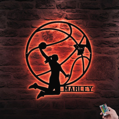 LED Female Basketball Metal Wall Art - Personalized Name Sign for Nursery, Kids Room, Game Room, or Birthday Gift for Girls