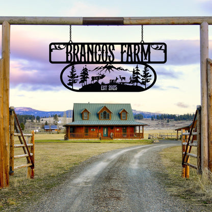 Custom Metal Farm Sign, Farmhouse Gate Sign, Customized Farmer Gift, Personalized Outdoor Ranch Decor With Deer Scene,Country Home Gate Sign