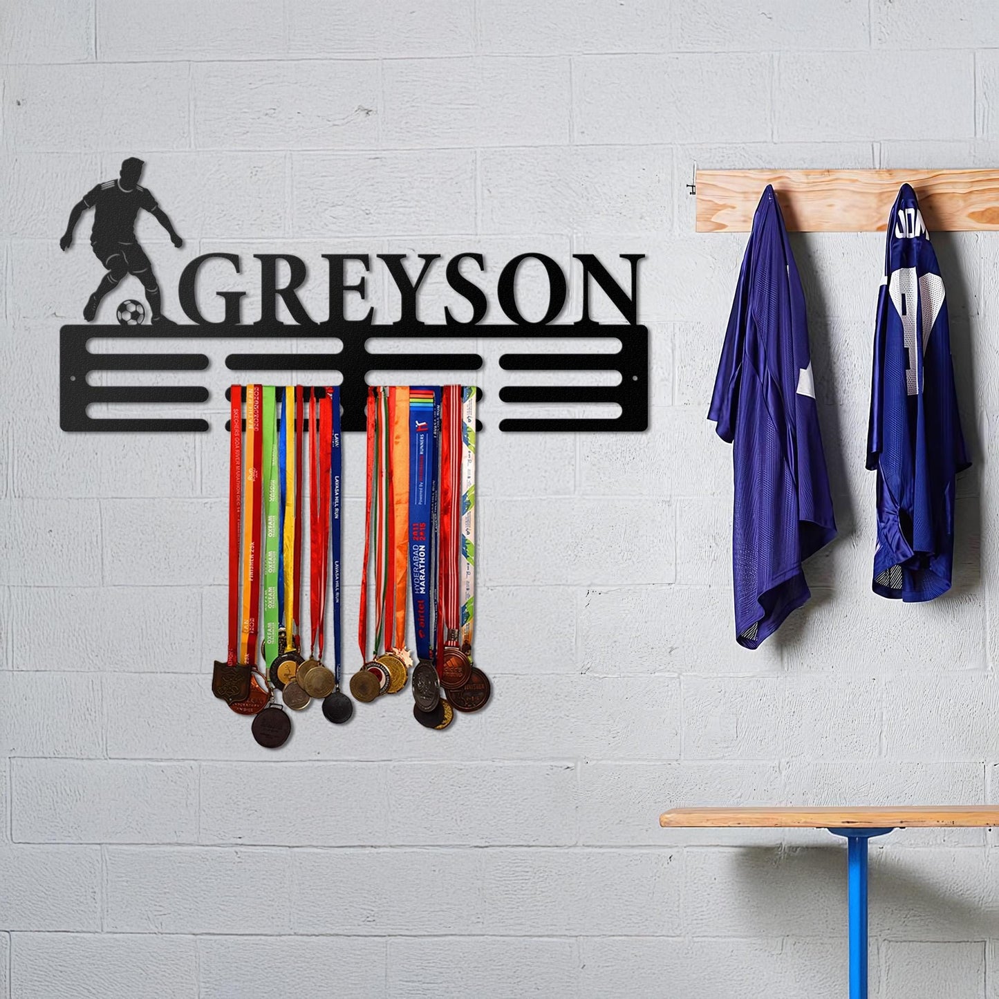 Personalized Soccer Medal Holder - Custom Metal Wall Rack with Player Silhouette, Sports Room Decor, Gift for Athletes & Soccer Fans