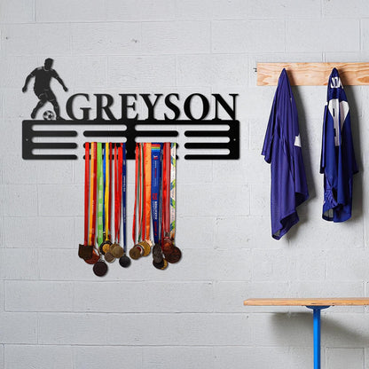 Personalized Soccer Medal Holder - Custom Metal Wall Rack with Player Silhouette, Sports Room Decor, Gift for Athletes & Soccer Fans