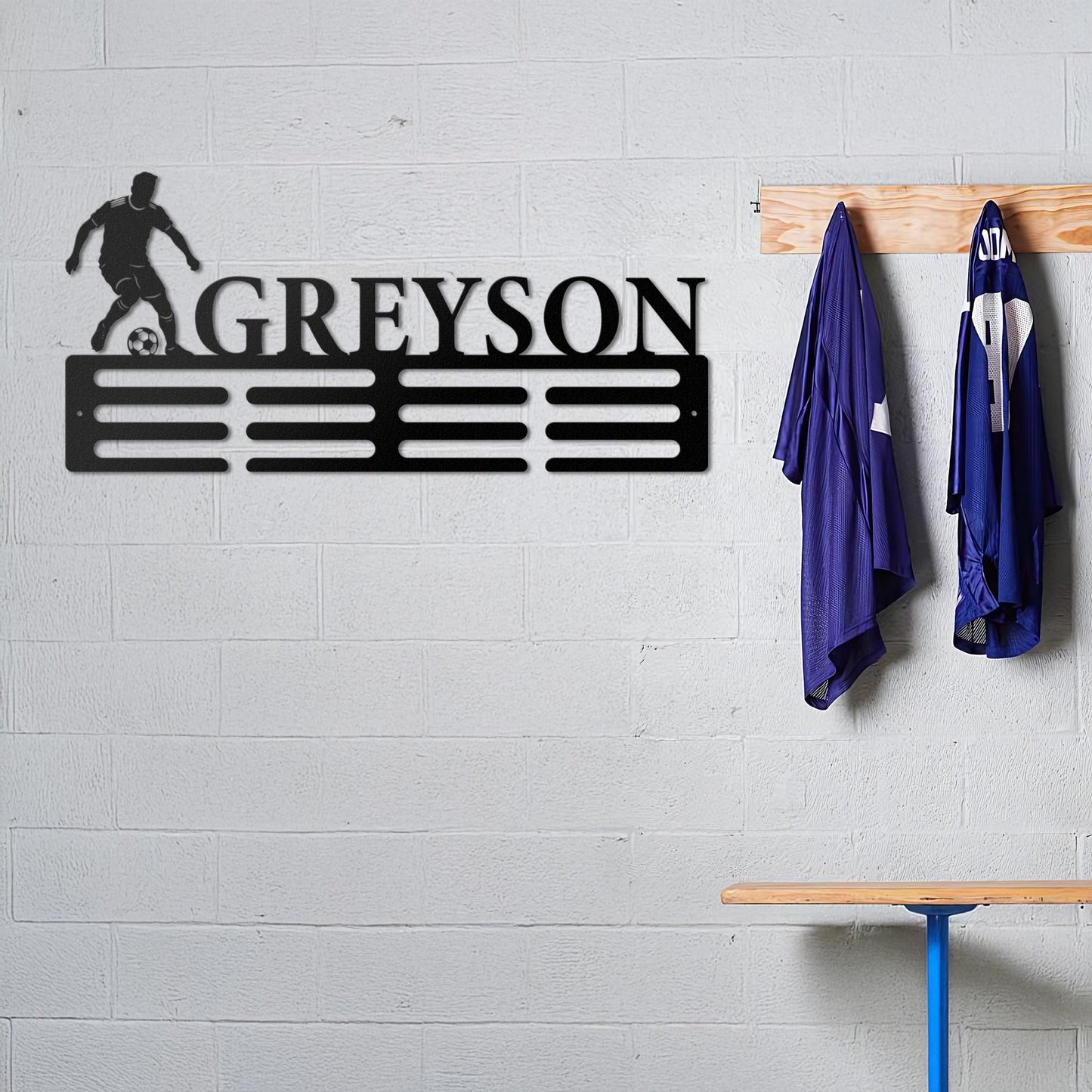 Personalized Soccer Medal Holder - Custom Metal Wall Rack with Player Silhouette, Sports Room Decor, Gift for Athletes & Soccer Fans