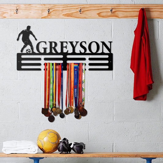 Personalized Soccer Medal Holder - Custom Metal Wall Rack with Player Silhouette, Sports Room Decor, Gift for Athletes & Soccer Fans