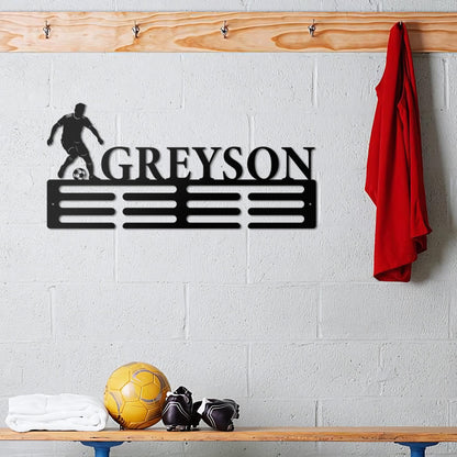 Personalized Soccer Medal Holder - Custom Metal Wall Rack with Player Silhouette, Sports Room Decor, Gift for Athletes & Soccer Fans