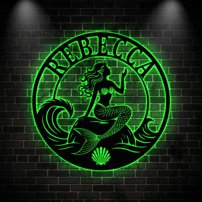 Personalized Mermaid Metal Sign with LED light: Personalized Ocean Wall Art for Home or Cottage