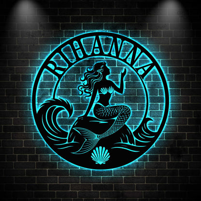 Personalized Mermaid Metal Sign with LED light: Personalized Ocean Wall Art for Home or Cottage