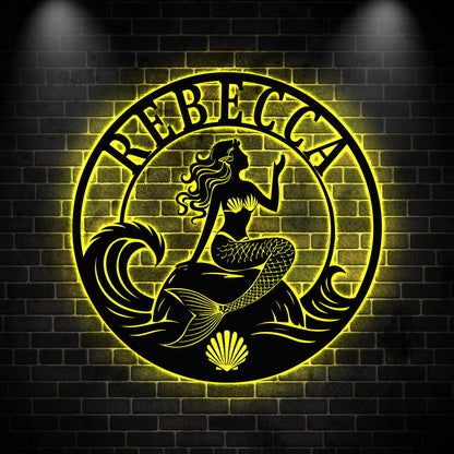 Personalized Mermaid Metal Sign with LED light: Personalized Ocean Wall Art for Home or Cottage
