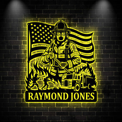 Personalized Firefighter Metal Sign LED light, Fireman Metal Sign, FireFighter Home Decor, Firefighter Wall Art, Fire Department Decor