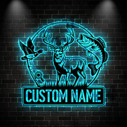 Fishing and Hunting Sign LED light, Deer Hunting Metal Sign, Fisherman Gift, Hunter Gift, Gift for Dad, Man Cave Decor