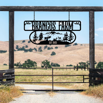 Custom Metal Farm Sign, Farmhouse Gate Sign, Customized Farmer Gift, Personalized Outdoor Ranch Decor With Deer Scene,Country Home Gate Sign