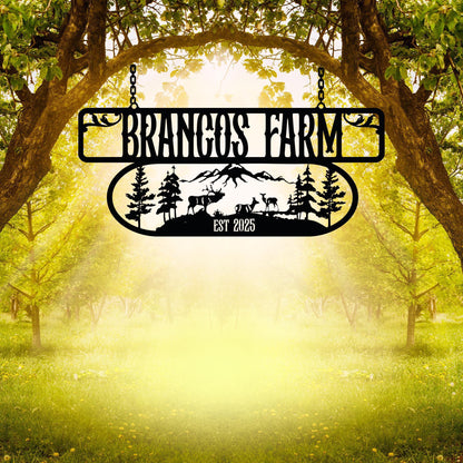 Custom Metal Farm Sign, Farmhouse Gate Sign, Customized Farmer Gift, Personalized Outdoor Ranch Decor With Deer Scene,Country Home Gate Sign