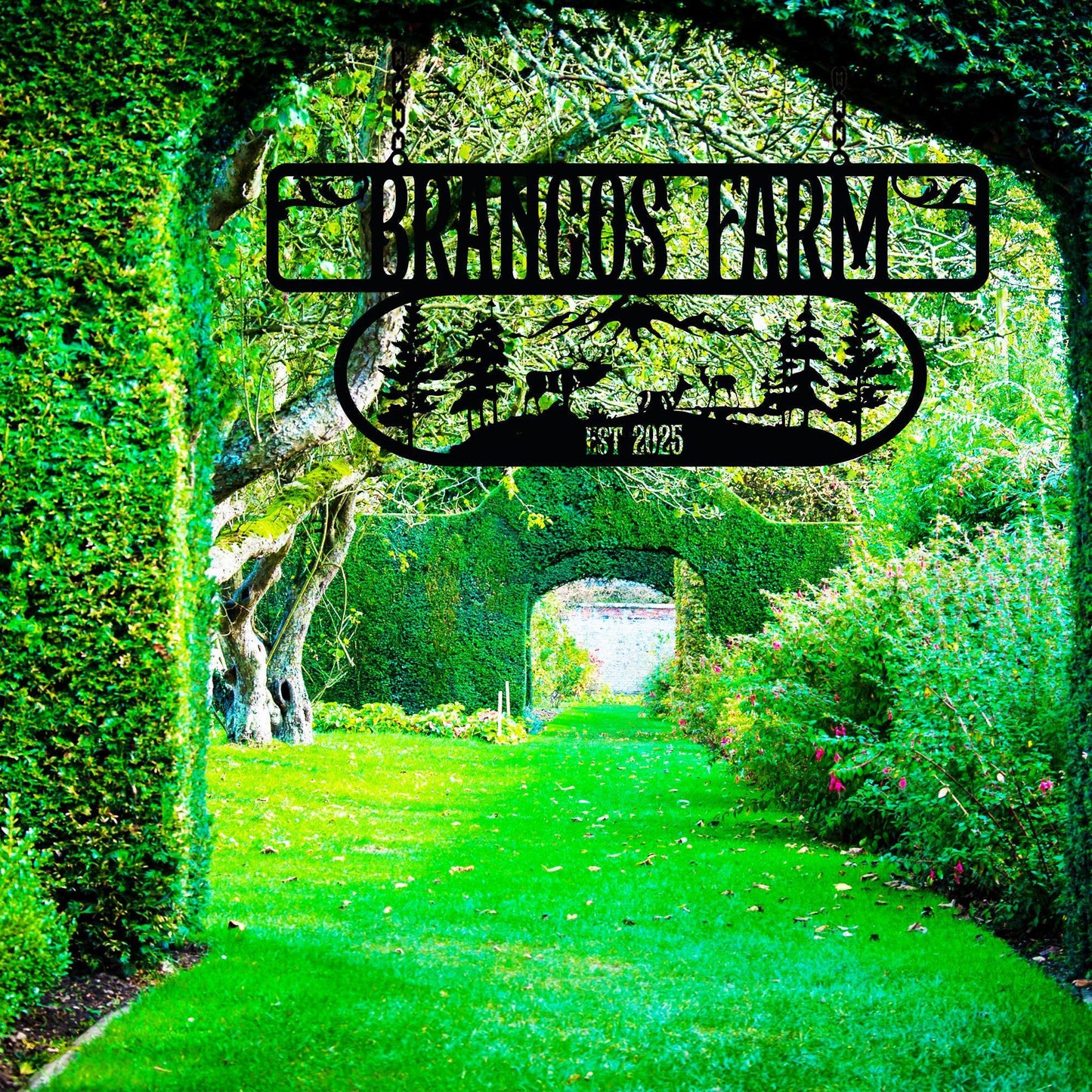 Custom Metal Farm Sign, Farmhouse Gate Sign, Customized Farmer Gift, Personalized Outdoor Ranch Decor With Deer Scene,Country Home Gate Sign