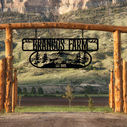 Custom Metal Farm Sign, Farmhouse Gate Sign, Customized Farmer Gift, Personalized Outdoor Ranch Decor With Deer Scene,Country Home Gate Sign