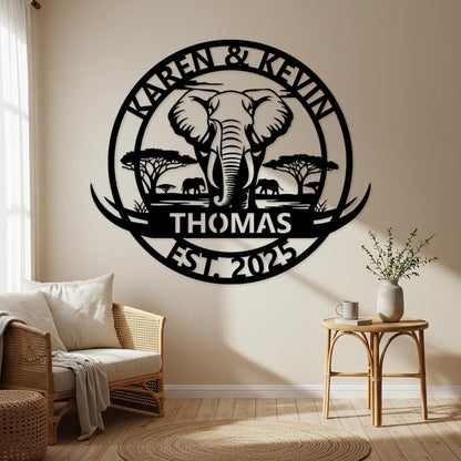 Custom Elephant Family Sign, Personalized Safari Cabin Wall Decor, Outdoor Family Name Sign, Oversized Wall Art, Rustic Home Decor