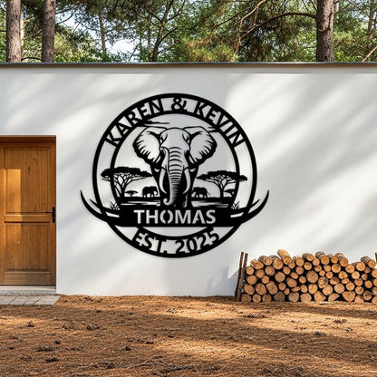 Custom Elephant Family Sign, Personalized Safari Cabin Wall Decor, Outdoor Family Name Sign, Oversized Wall Art, Rustic Home Decor
