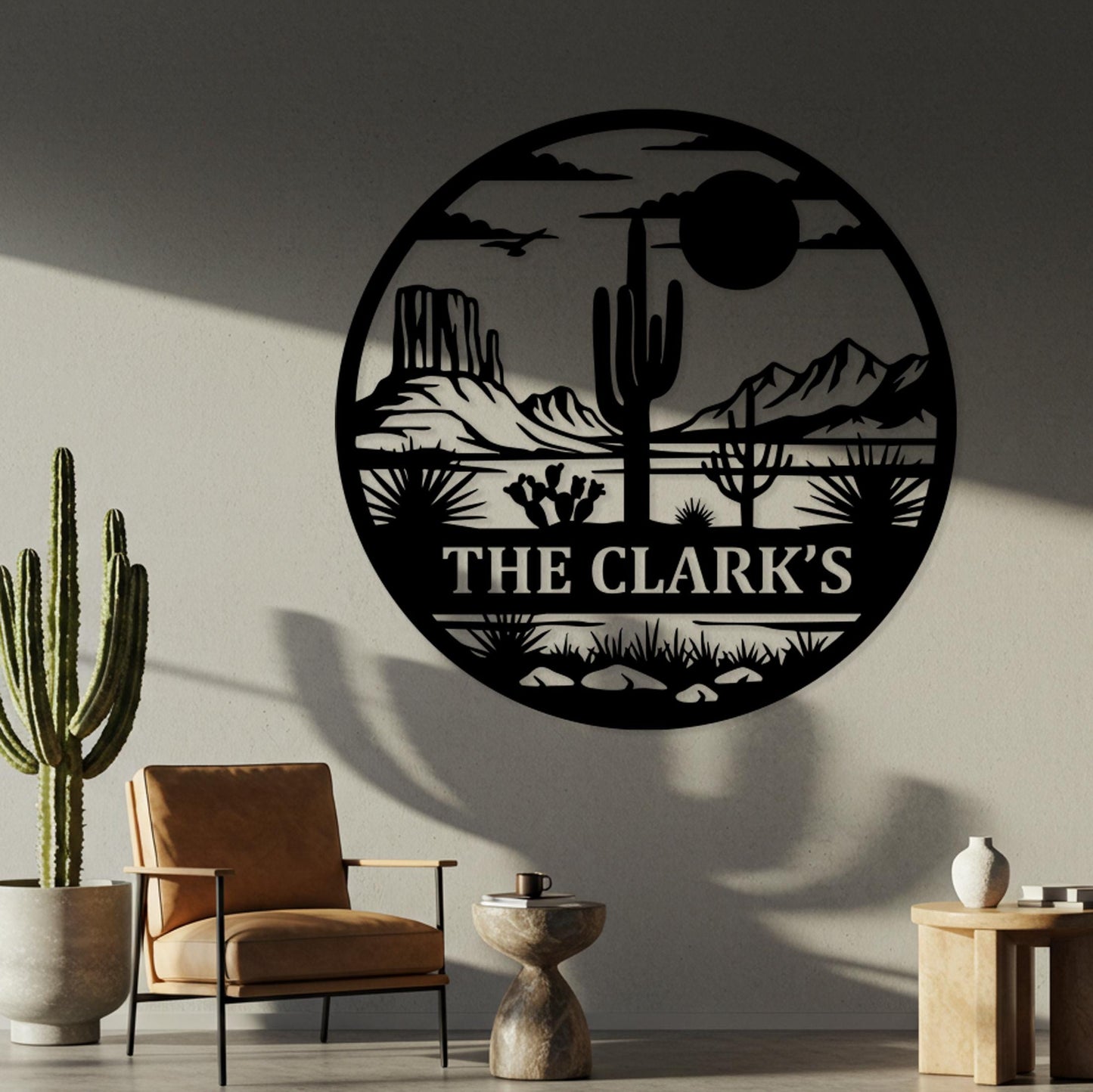 Desert Sunset Family Sign, Custom Metal Wall Art, Ranch Entryway Decor, Cactus Scene Wall Decor, Country Home Sign, Personalized Gifts