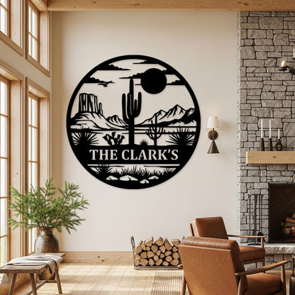 Desert Sunset Family Sign, Custom Metal Wall Art, Ranch Entryway Decor, Cactus Scene Wall Decor, Country Home Sign, Personalized Gifts