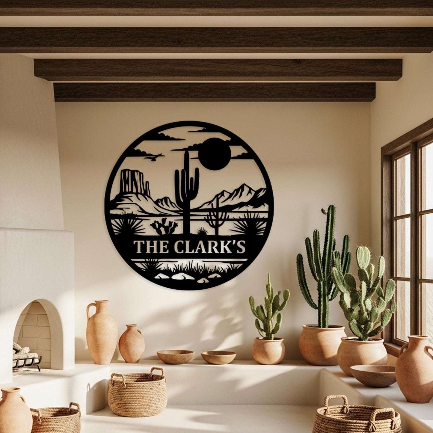 Desert Sunset Family Sign, Custom Metal Wall Art, Ranch Entryway Decor, Cactus Scene Wall Decor, Country Home Sign, Personalized Gifts