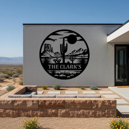 Desert Sunset Family Sign, Custom Metal Wall Art, Ranch Entryway Decor, Cactus Scene Wall Decor, Country Home Sign, Personalized Gifts