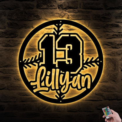 Personalized Baseball Metal Sign with LED Light - Custom Kid Name Wall Art, Sports Room or Game Room Decor, Gift for Baseball Player