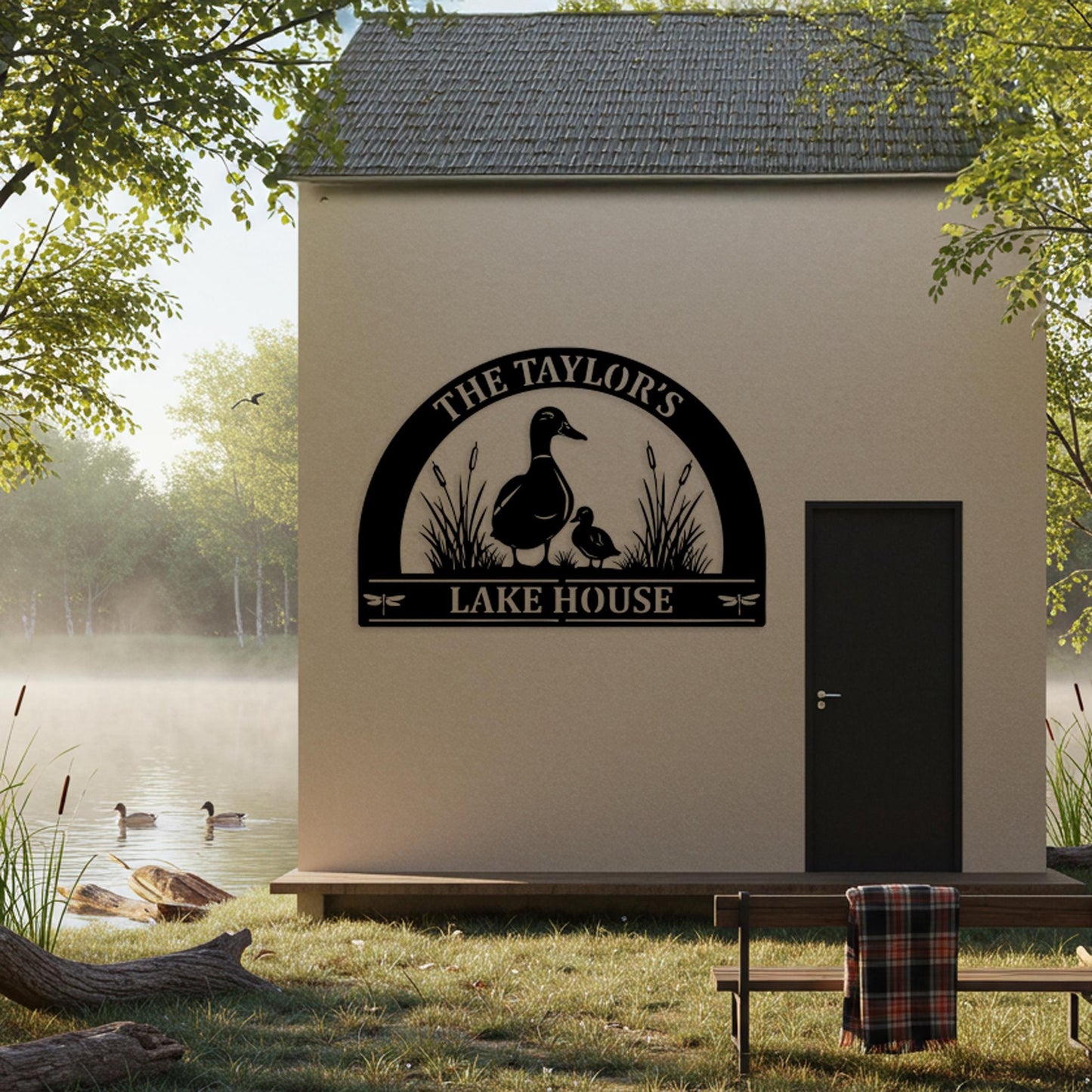 Custom Lake House Metal Sign, Personalized Outdoor Cabin Wall Decor, Front Porch Decor, Gifts for Nature Lovers, Entryway Duck House Sign