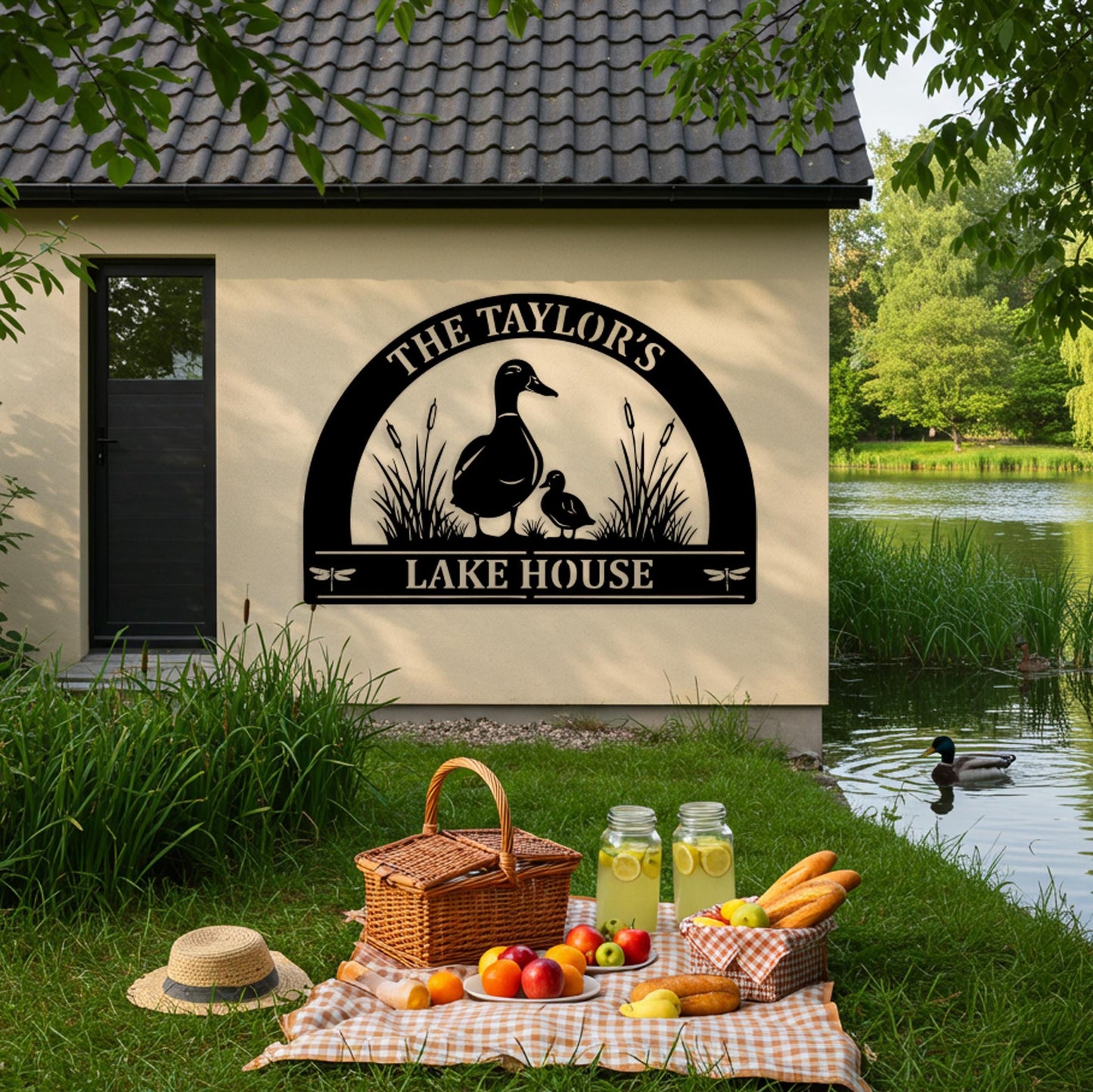 Custom Lake House Metal Sign, Personalized Outdoor Cabin Wall Decor, Front Porch Decor, Gifts for Nature Lovers, Entryway Duck House Sign