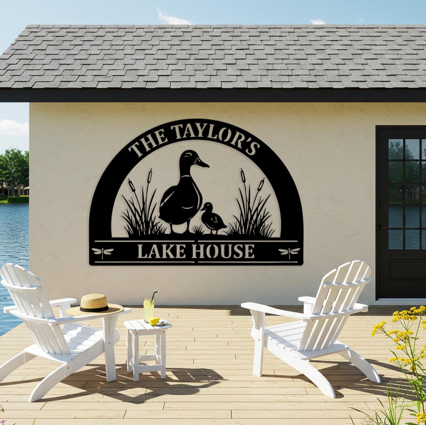 Custom Lake House Metal Sign, Personalized Outdoor Cabin Wall Decor, Front Porch Decor, Gifts for Nature Lovers, Entryway Duck House Sign