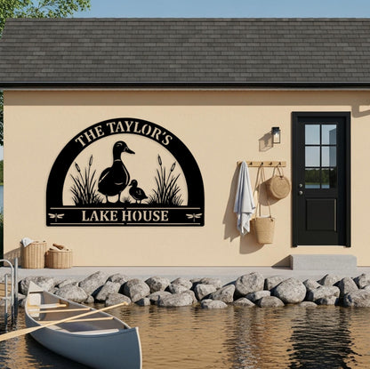 Custom Lake House Metal Sign, Personalized Outdoor Cabin Wall Decor, Front Porch Decor, Gifts for Nature Lovers, Entryway Duck House Sign